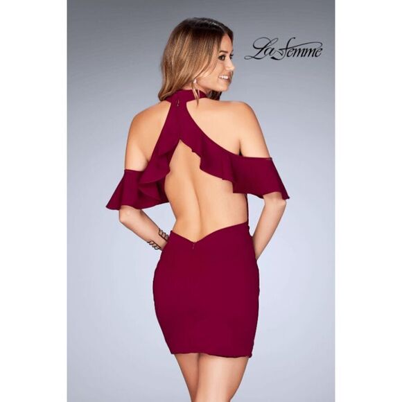 NWT La Femme 25147 Burgundy Red Cocktail Mini Dress Backless Ruffle Size 4 - Picture 2 of 16